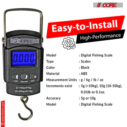 5Core Digital Fishing Scale 110lb/50kg Hanging Luggage Weighing Scales w Measuring Tape