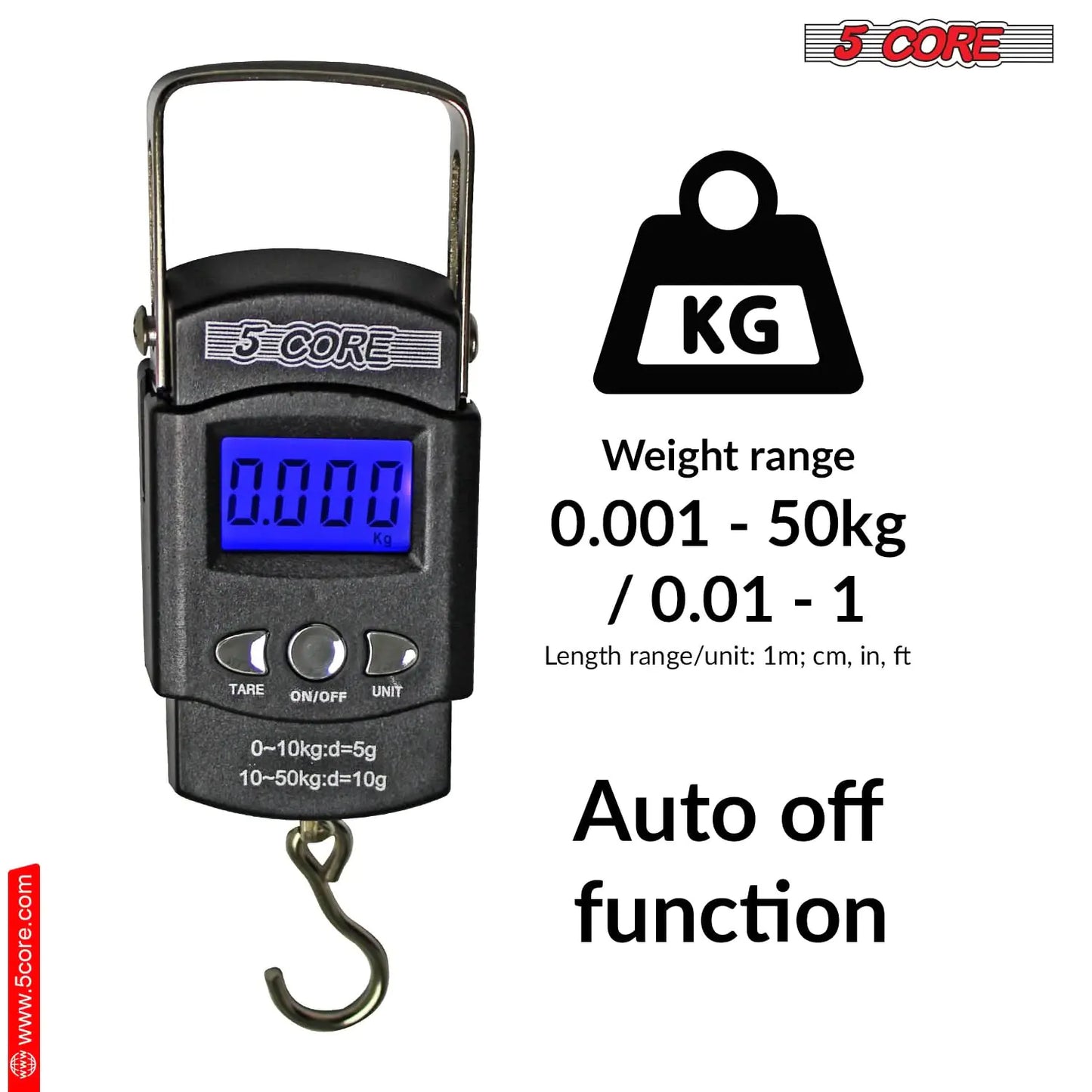 5Core Digital Fishing Scale 110lb/50kg Hanging Luggage Weighing Scales w Measuring Tape